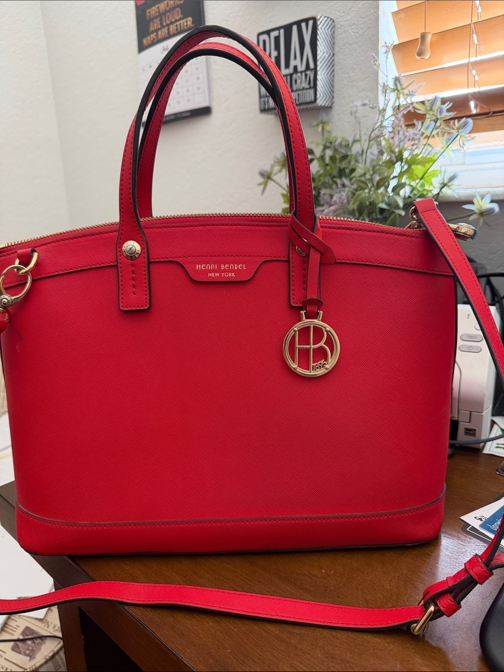 henri bendel Red Saffiano Leather Shoulder Tote with Gold Charm